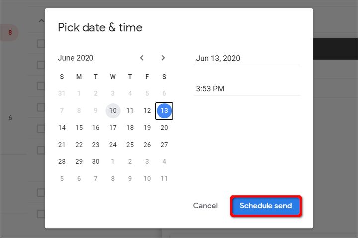 Gmail Web Browser Scedule Send Dialog