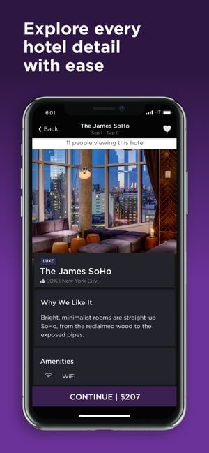 Screenshot of explore hotels on Hotel Tonight app