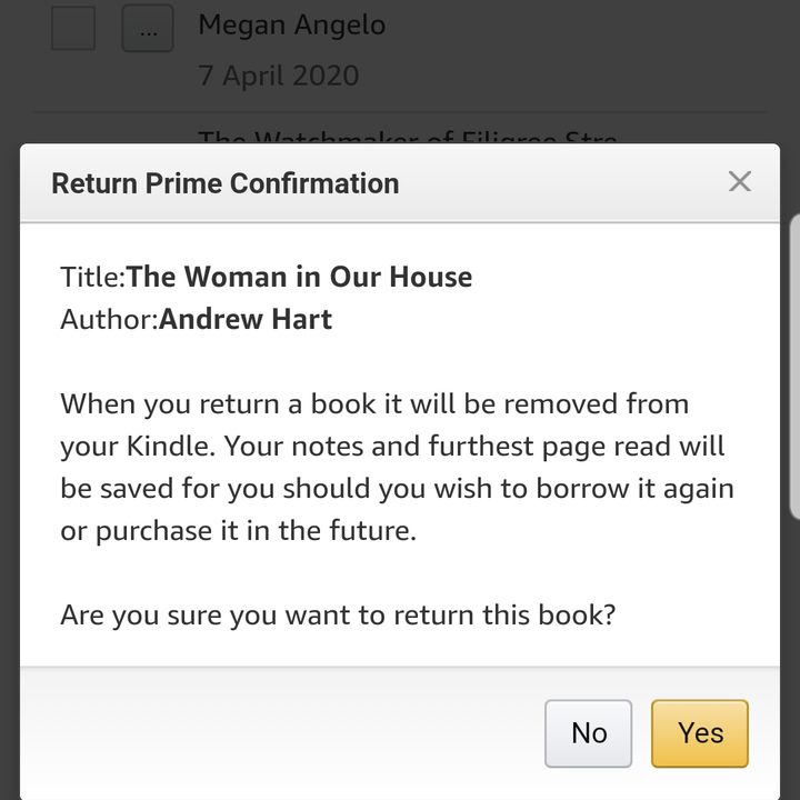 Screenshot of confirmation of returning borrowed Amazon Kindle books