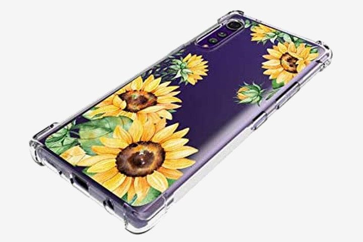 LG Velvet phone in Leychan Slim Flexible TPU Case with yellow sunflowers on it