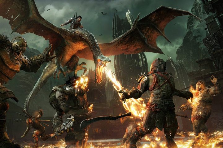 Your character riding a dragon that's shooting fire breath at a bunch of orcs.