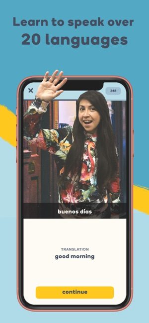 Screenshot of Memrise app with girl waving and text saying learn to speak over 20 languages