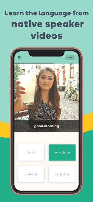 Screenshot of Memrise app with picture of a girl and text saying learn the language from native speaker videos