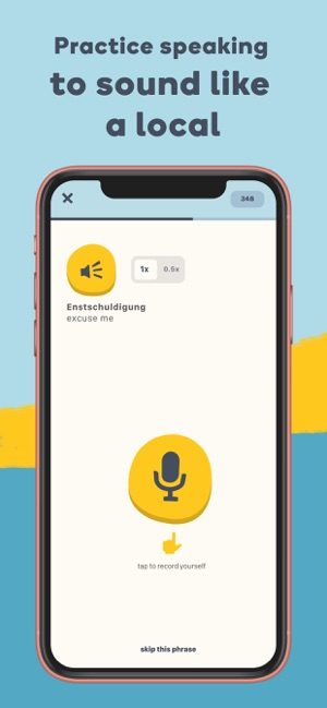 Screenshot of Memrise app with picture of microphone and text saying practice speaking to sound like a local