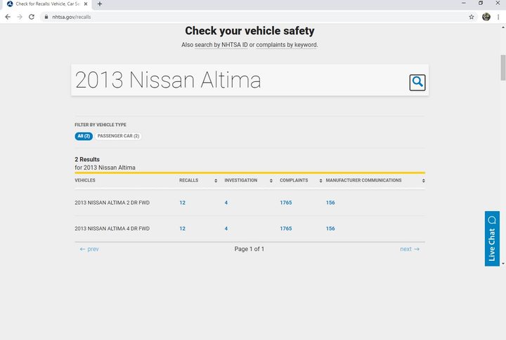 NHTSA screen shot