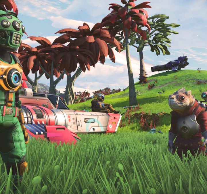 No Man's Sky player near NPCs.