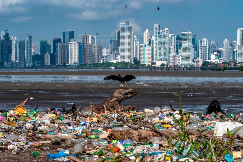 A plastic-covered beach in Panama City