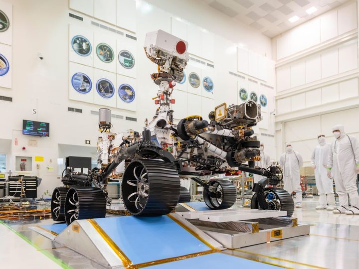 In a clean room at NASA's Jet Propulsion Laboratory in Southern California, engineers observed the first driving test for NASA's Mars 2020 rover on Dec. 17, 2019.