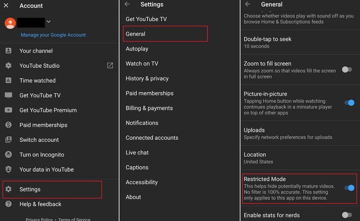 series of three Restricted Mode screenshots on Android YouTube mobile app