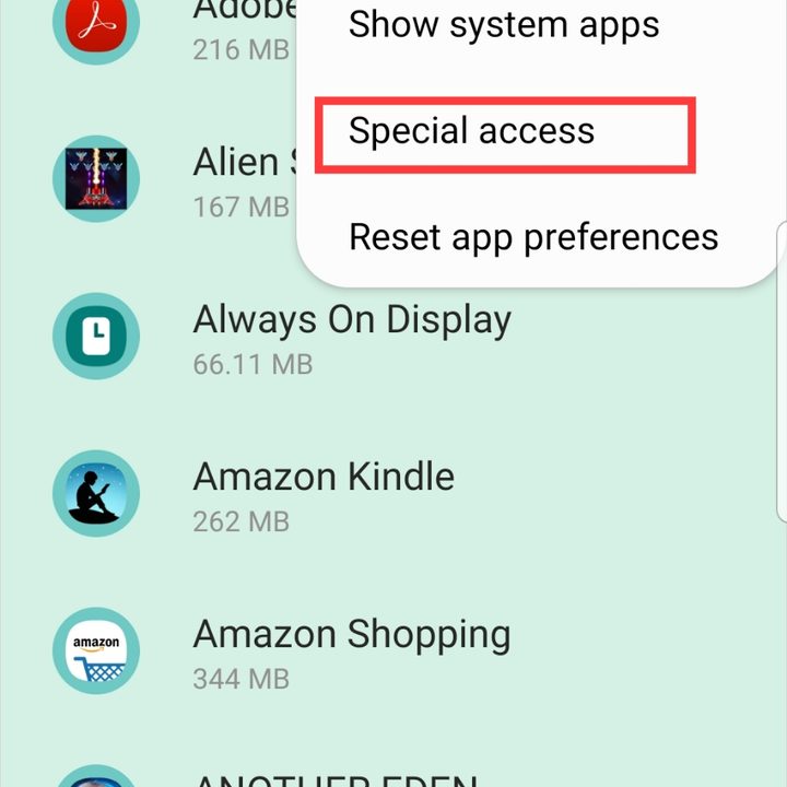 Samsung Galaxy Apps Special access menu.