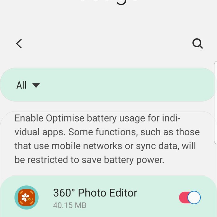 Samsung Galaxy Optimize battery usage options.