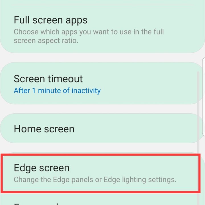 Screenshot of Edge Screen Lighting Settings on Samsung Galaxy S8