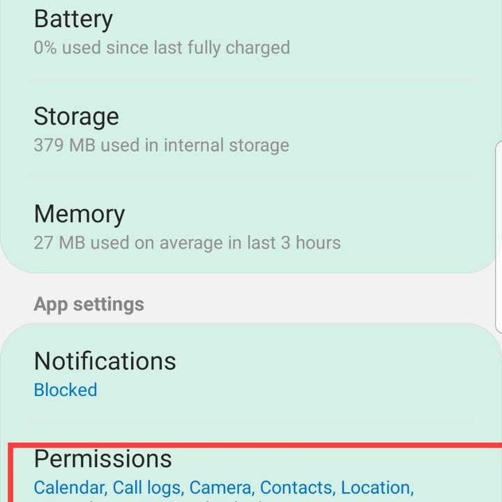 Screenshot of Samsung Galaxy S8 Google app Permissions