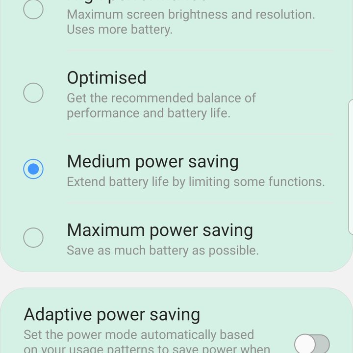 Screenshot of Power Savings settings on Samsung Galaxy S8