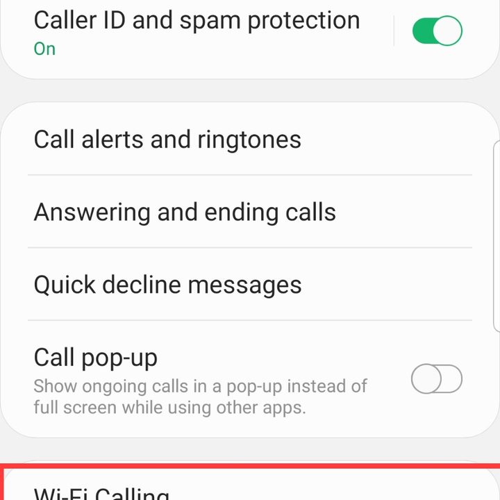 Screenshot of Wi-Fi Calling settings on Samsung Galaxy S8