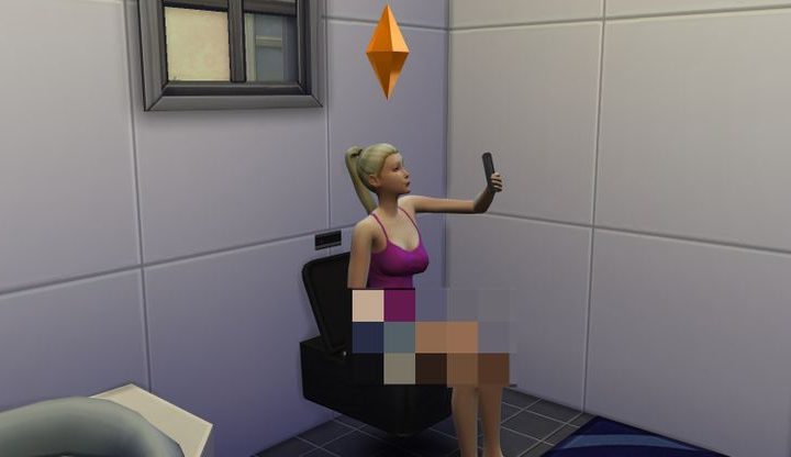 A character using the bathroom in The Sims 4.