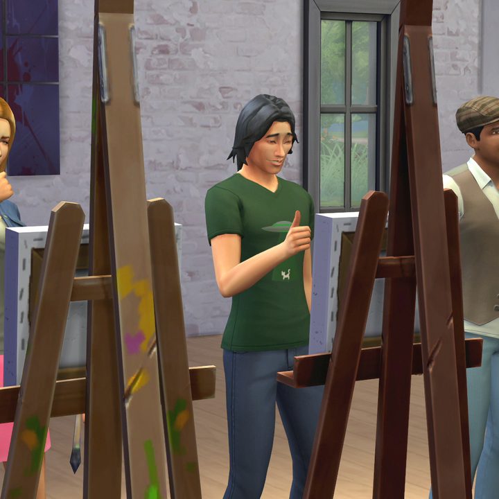 Three characters painting pictures in The Sims 4.