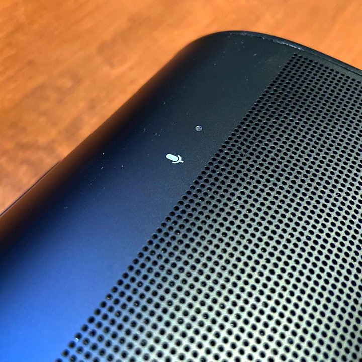 A closeup of a Sonos Arc Dolby Atmos soundbar.