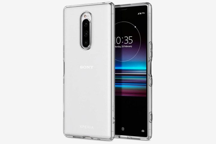 Sony Xperia 1 phone in a Spigen Liquid Crystal clear case