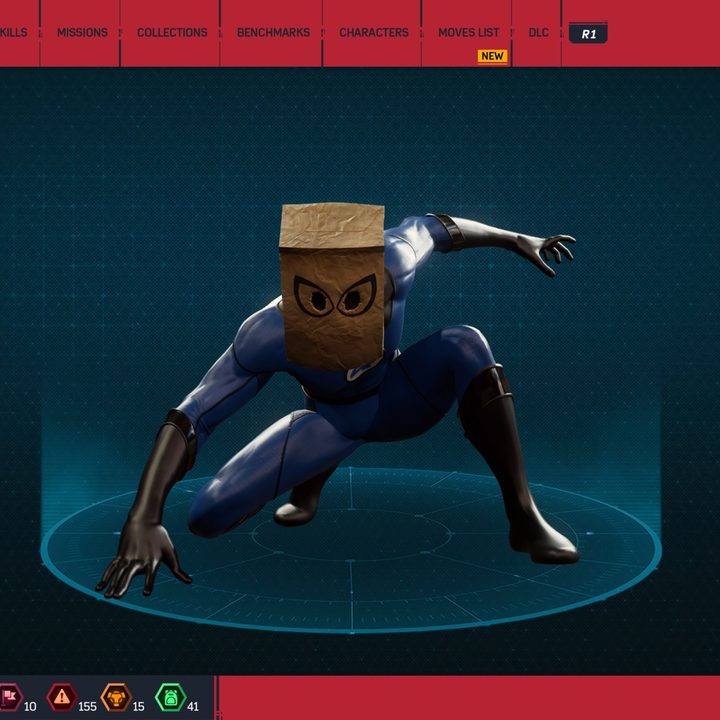Spider-man in his bag man suit.