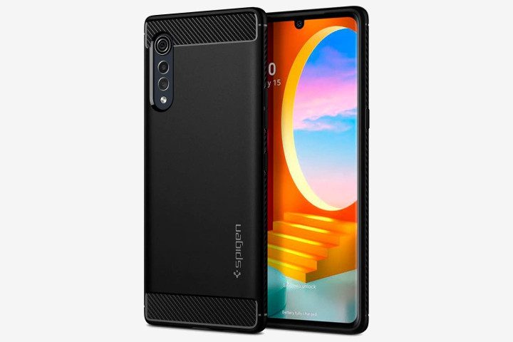 LG Velvet phone in Spigen Rugged Armor Case