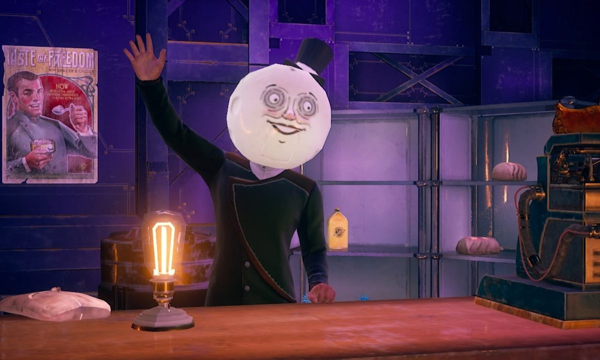 A man with a moon head waving.