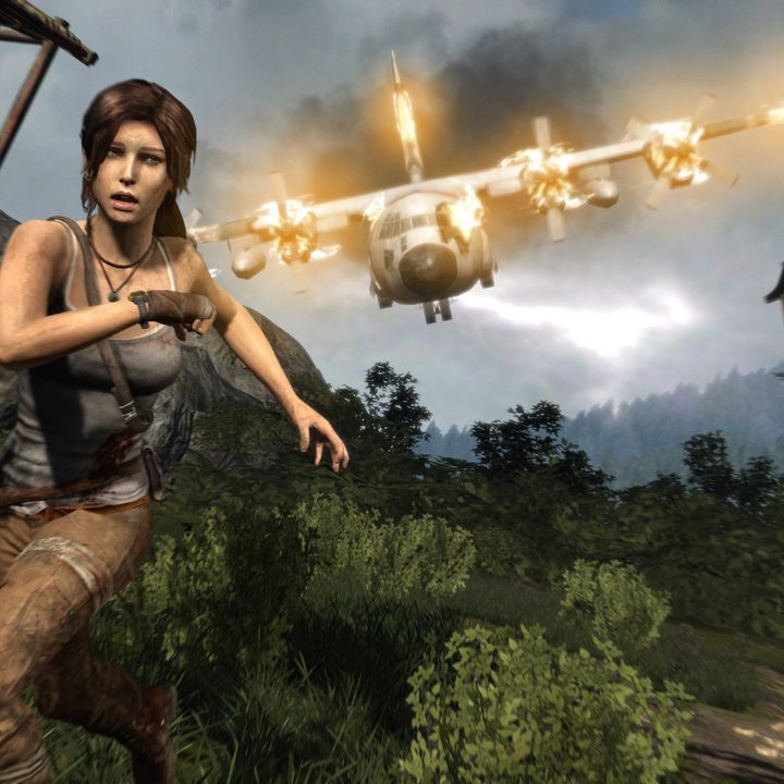 Animated image of Lara Croft pursued by an aircraft.