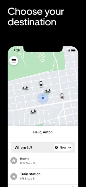 Screenshot of choose a destination on Uber app