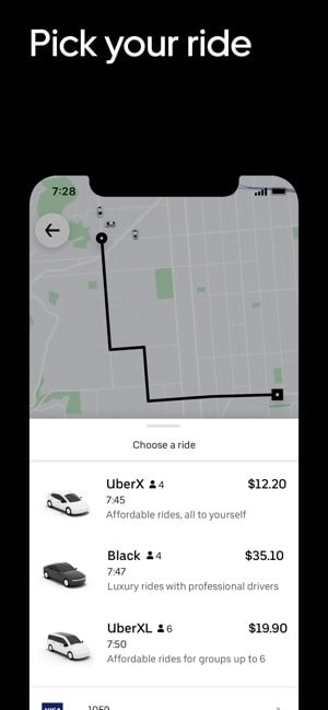 Screenshot of pick a ride on Uber app