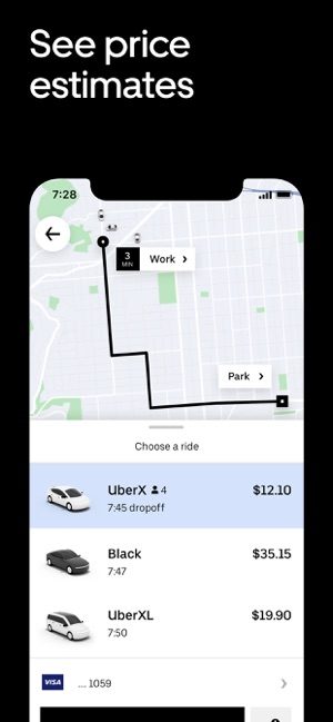 Screenshot of see price estimates on Uber app