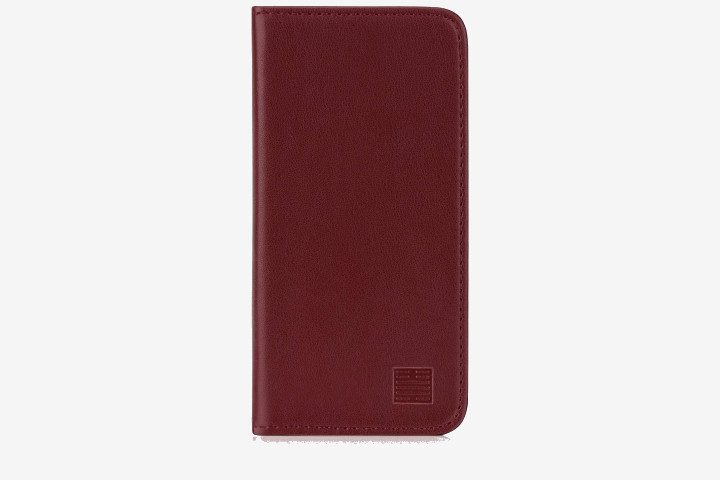 Photo shows an iPhone SE 2016 in a burgundy leather wallet case