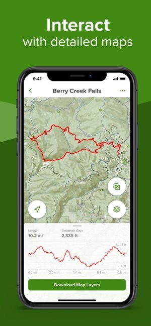 Screenshot of AllTrails app showing map and route marked in red