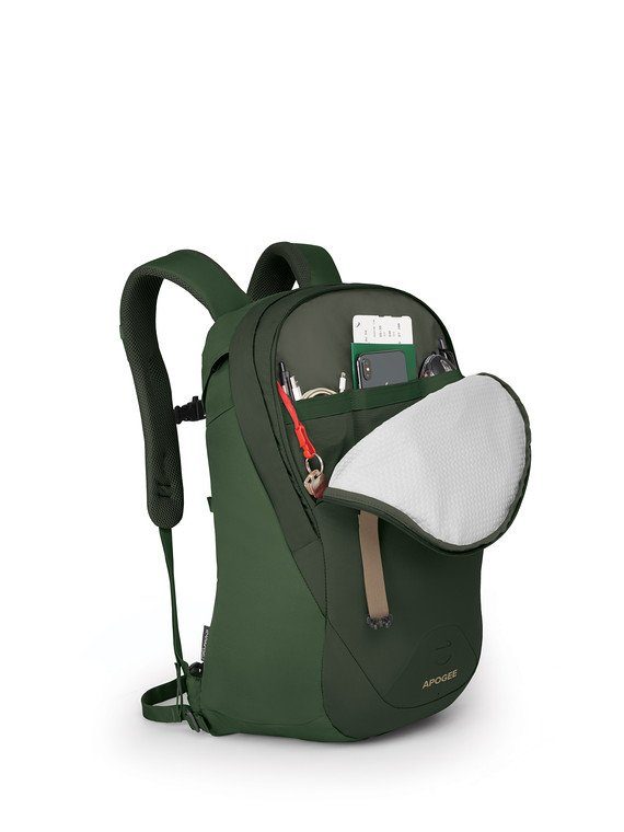 A front profile view of an Osprey Apogee backpack showing the front main pocket being opened.