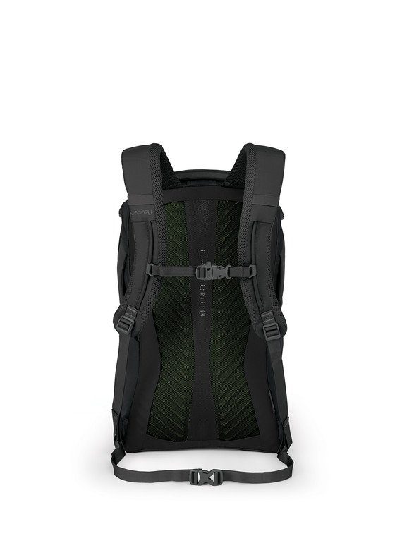 Rear view of an Osprey Apogee backpack.
