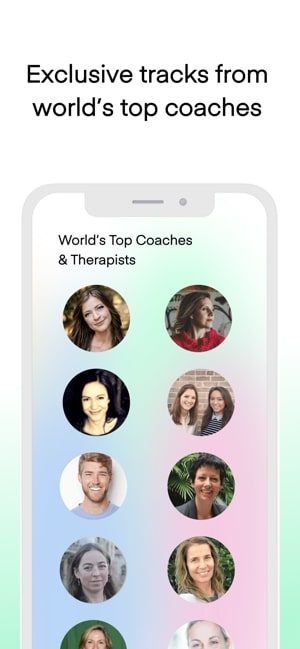 Screenshot of the Aura app showing pictures of coaches and text saying Exclusive tracks from world's top coaches