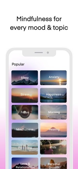 Screenshot of the Aura app with photos of landscapes depicting various different moods and text saying Mindfulness for every mood & topic