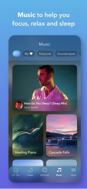 Screenshot of Calm app showing music to help you focus, relax, and sleep