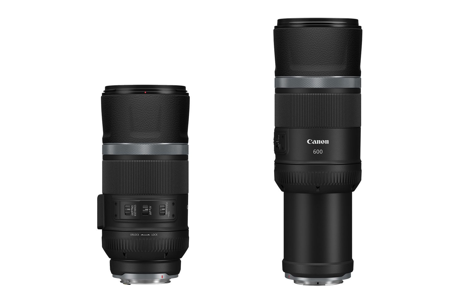 Canon RF 600mm f/11 retracted and extended on white background