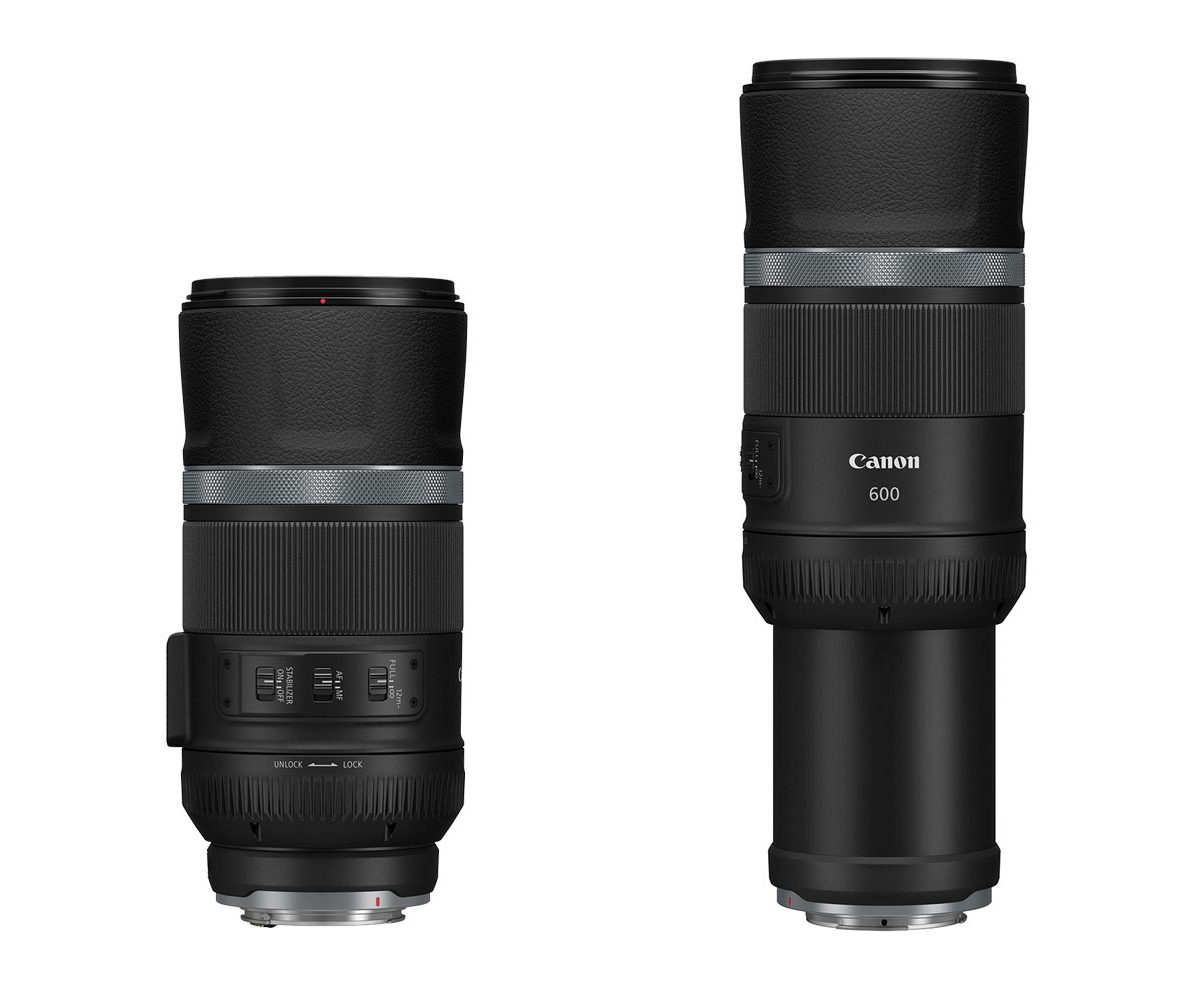 Canon RF 600mm f/11 retracted and extended on white background