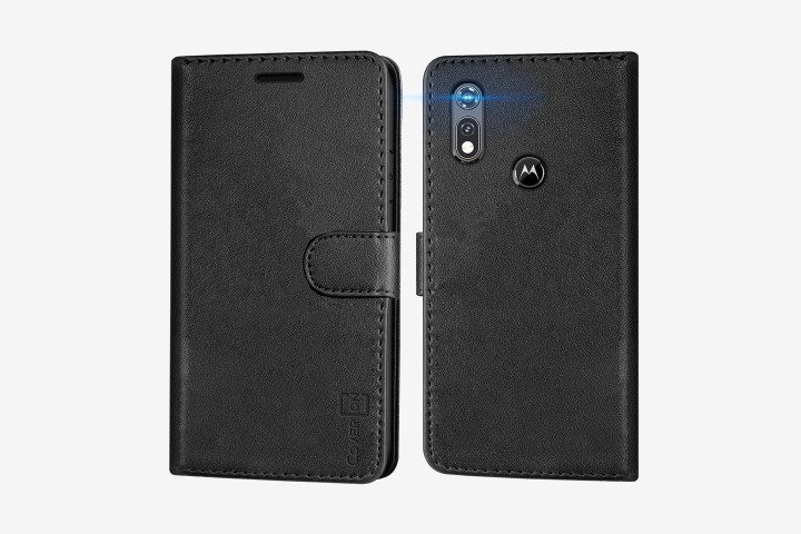 Photo shows a Moto E (2020) smartphone in a black synthetic leather folio case from Coveron