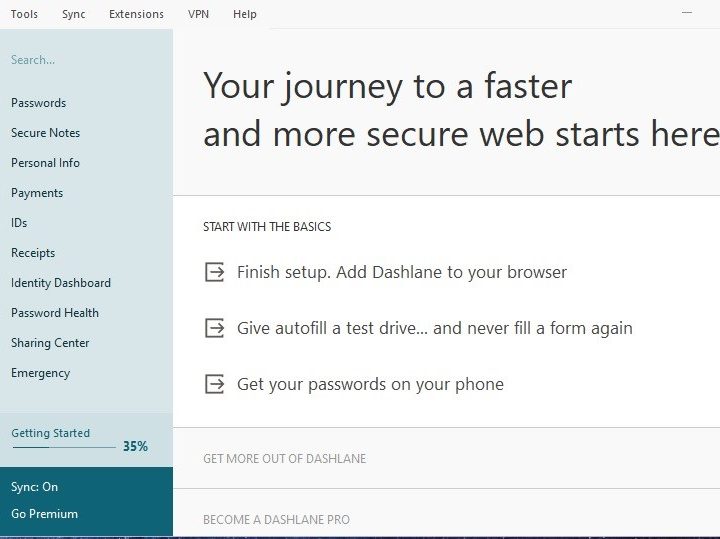 User interface for Dashlane app for Windows 10.
