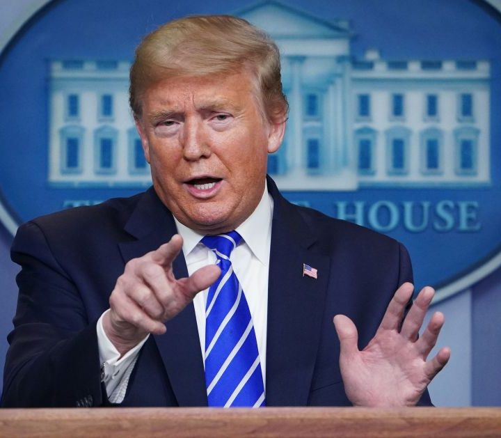 President Donald Trump speaks at a White House coronavirus briefing.