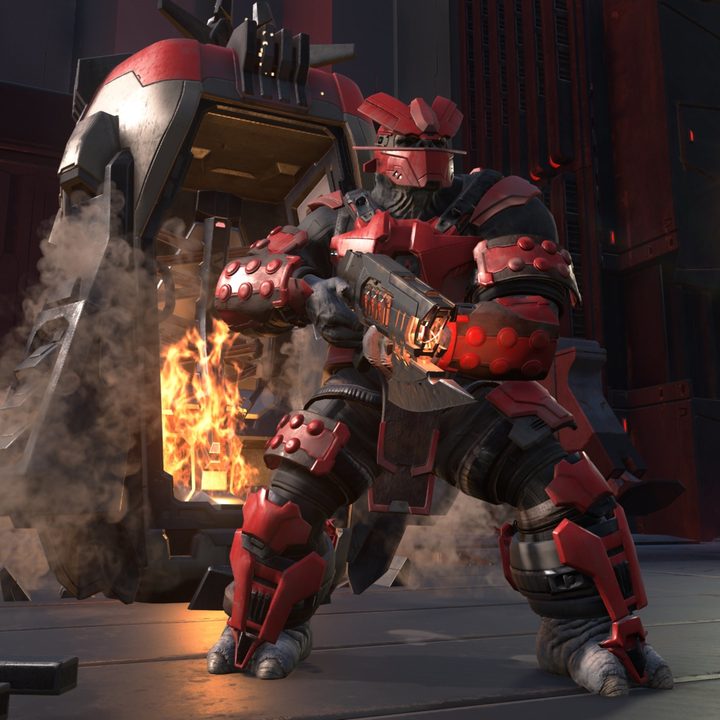 A brute in red armor exiting a drop pod.