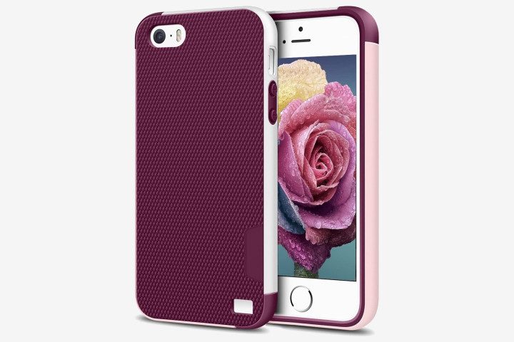 Photo shows an iPhone SE (2016) in a burgundy and white colored bumper phone case