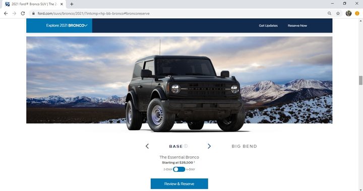 Ford Bronco reservation page