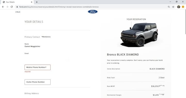 Ford Bronco reservation page