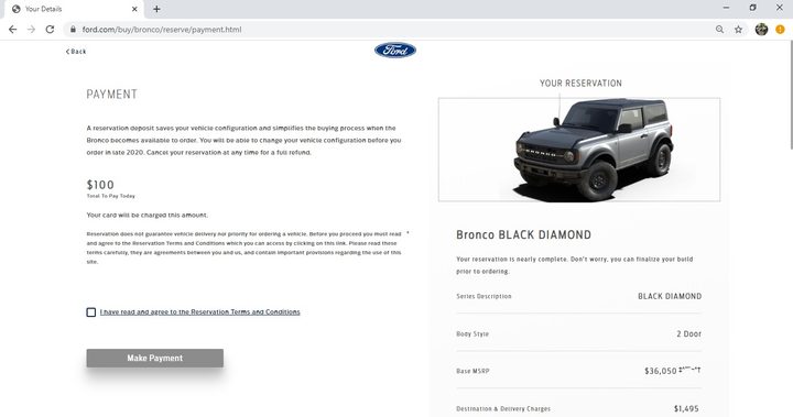Ford Bronco reservation page