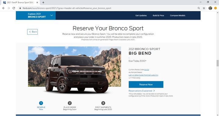Ford Bronco Sport reservation screen