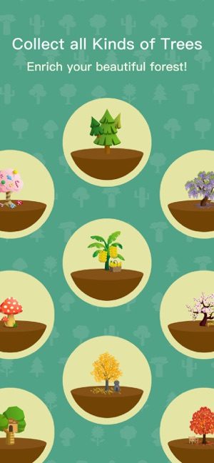 Screenshot of Forest app showing images of different types of trees to collect and text saying "Collect all kinds of trees, Enrich your beautiful forest"