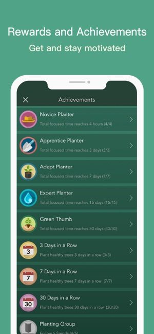 Screenshot of Forest app showing a list of rewards and achievements